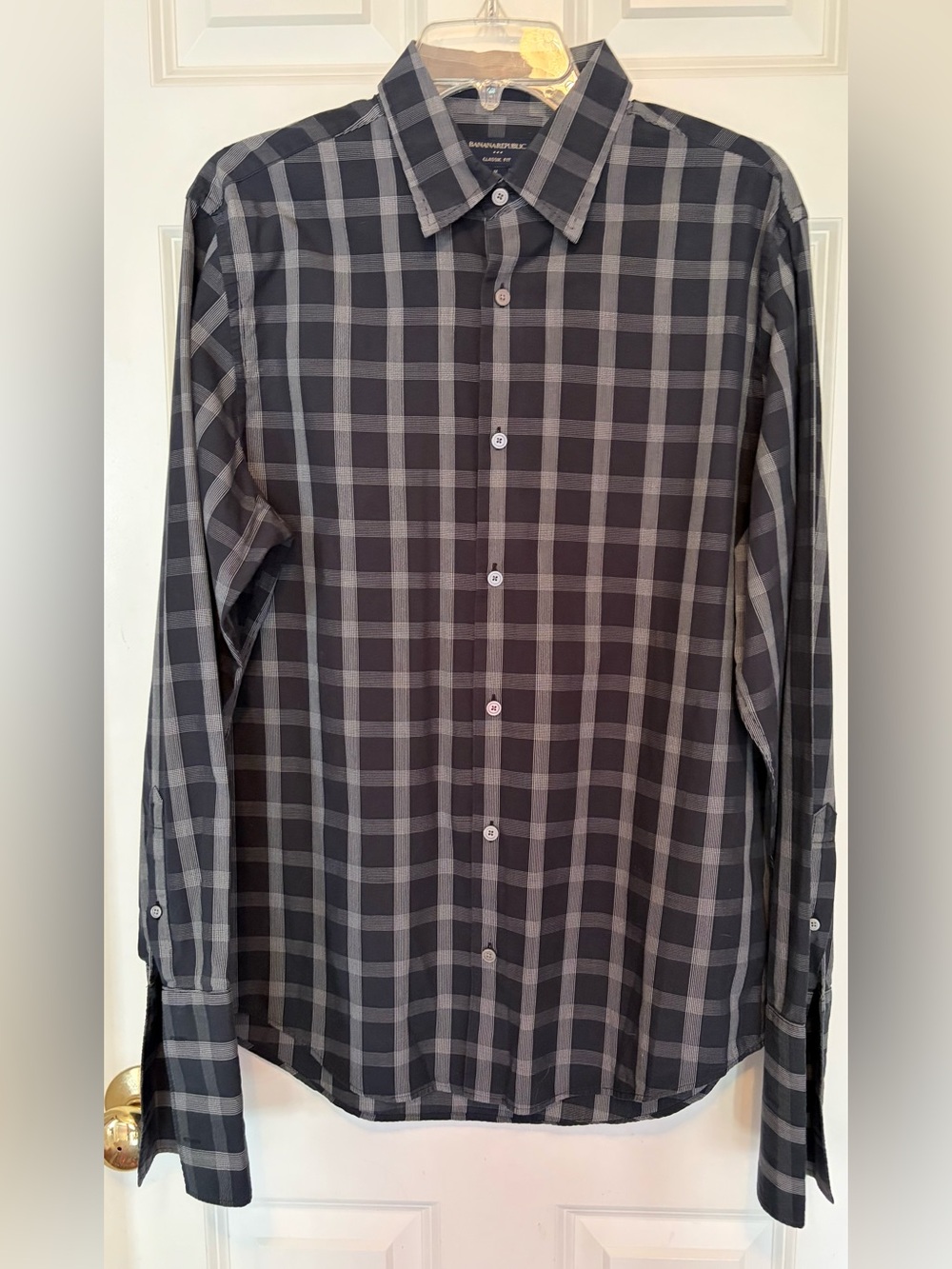Banana Republic Men's Black and Tan French Cuff Plaid Button-Down Shirt